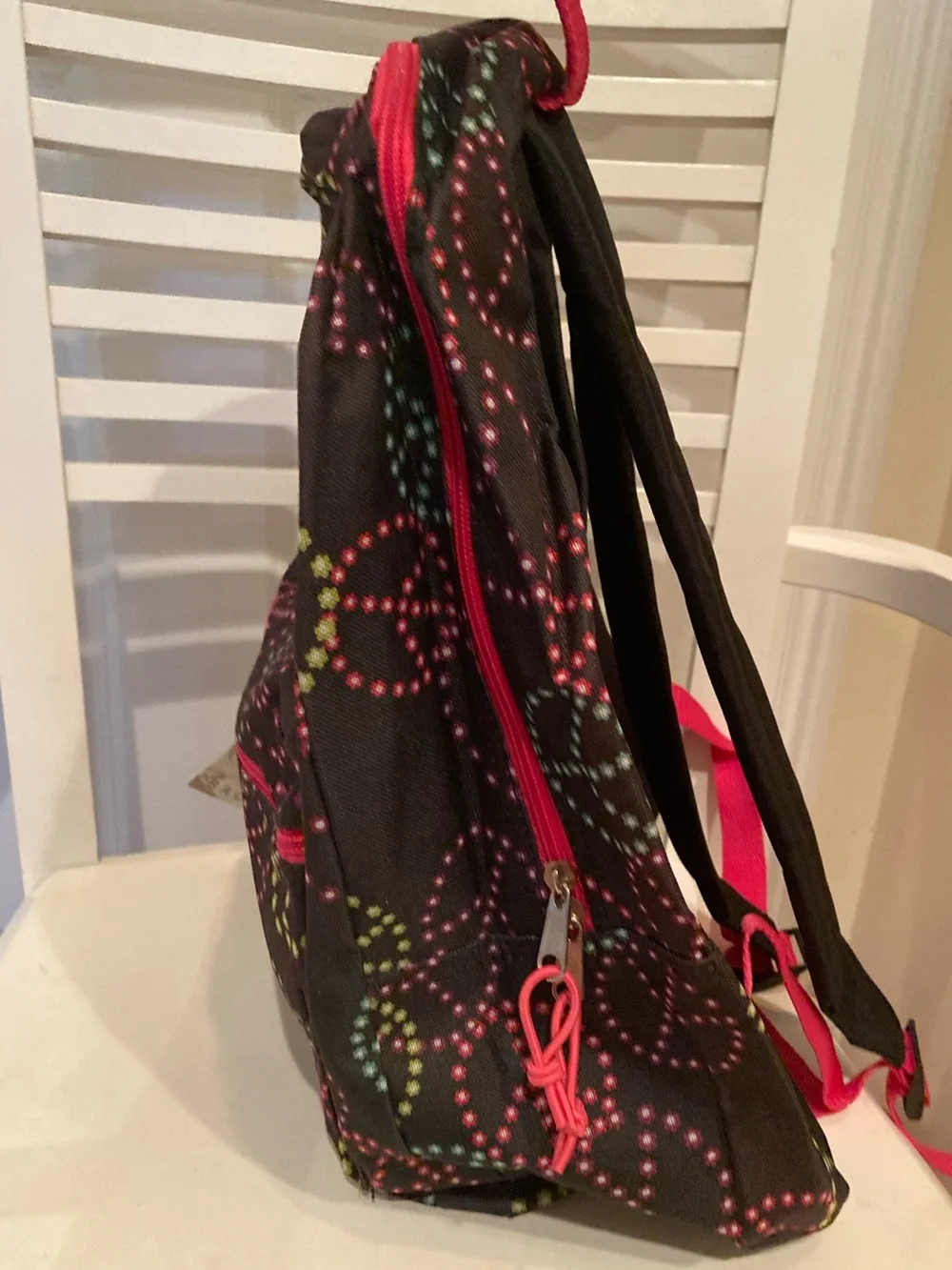 Black Peace Sign Floral Print Backpack with Pink Accents